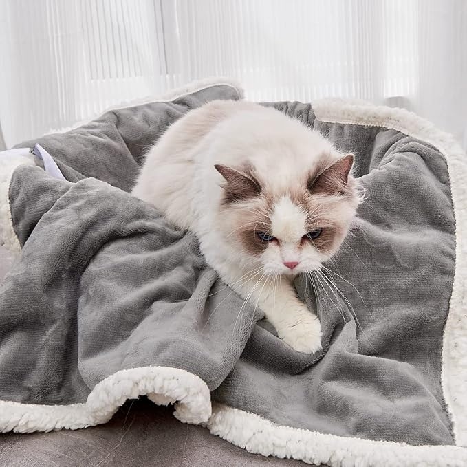 Pet Blankets for Cats - Waterproof Cat Blanket Washable - Sherpa Fleece Puppy Blanket, Soft Plush Reversible Throw Protector for Bed Couch Car Sofa, 25"X30", Grey
