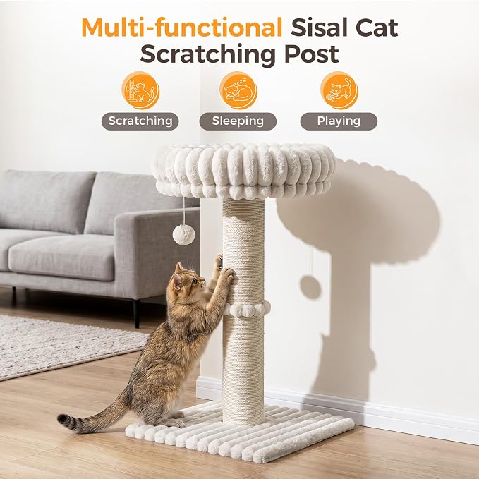 Avont 29" Sisal Cat Scratching Post with Large Plush Perch, Cream | Large Cat Scratcher Tower & Plush Elevated Cat Bed with Removable & Washable Cover, Sturdy Cat Perch for Indoor Cats
