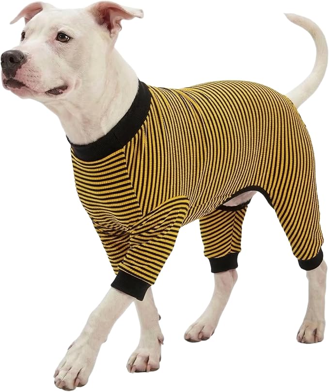 LovinPet Dog PJS Clothes for Giant Dogs, Pitbull Pure Cotton Yellow and Black Stripe Dog Shirt, 4-Legged Design, Full Body Coverage, Pajamas for Pitbulls, Onesies for Dogs, 3XL