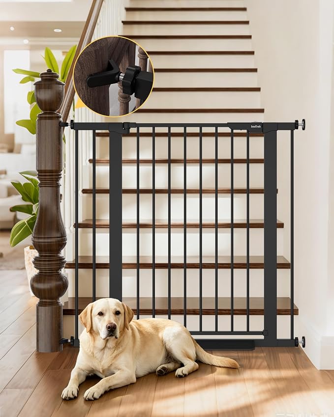 InnoTruth 29.6-39.1 in Wide x 35.5 in High Extra Tall Baby Gate, Black | Indoor Metal Dog Gate for Stairs and Doorways, Auto Close Walk Through Door for Pets, Double Lock, Pressure or Hardware Mount