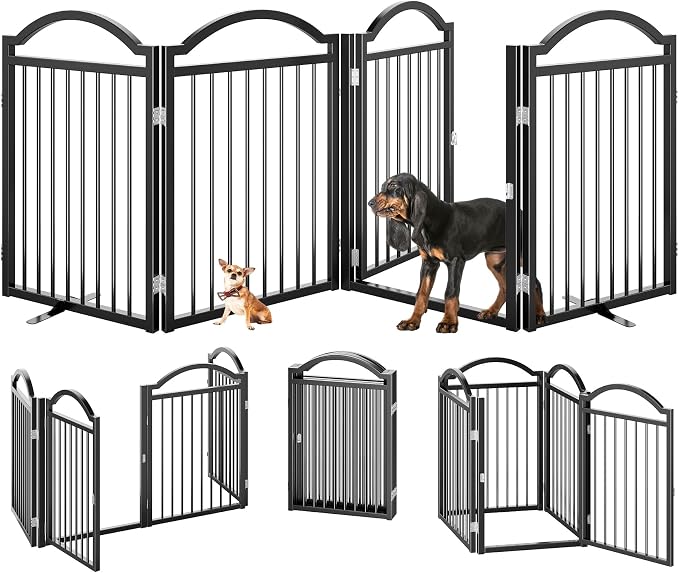 BHG Metal No-Assembly Freestanding Dog Gate with Door Walk Through, Extra Wide 96", Extra Tall 32" Pet Gate, Accordion Puppy Folding Playpen Dog Fence for Indoor & Outdoor, with 2PCS Support