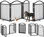 BHG Metal No-Assembly Freestanding Dog Gate with Door Walk Through, Extra Wide 96", Extra Tall 32" Pet Gate, Accordion Puppy Folding Playpen Dog Fence for Indoor & Outdoor, with 2PCS Support