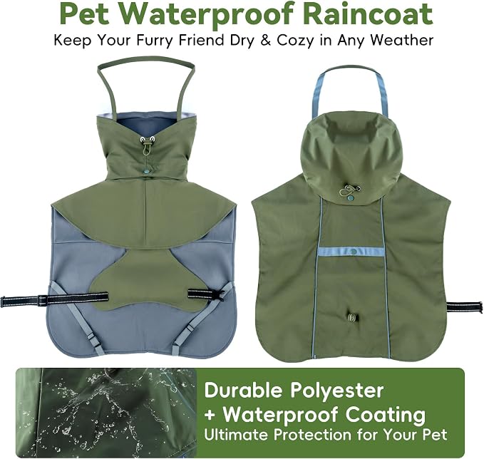 RYNVALE Waterproof Dog Rain Coat, Breathable Windproof Dog Raincoat with Adjustable Strip, Leash Port, Removable Hood, Reflective Full-Body Coverage Pet Poncho | Large Dogs, Green (3XL)