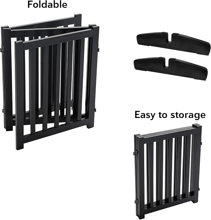 LZRS Freestanding Dog Gate 60" W x 30" H Solid Wooden Pet Gate for Doorways, Stairs & Hallways, Expandable & Foldable with Support Feet，Indoor Use,Black