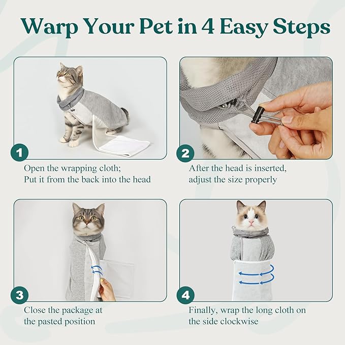 Supet Cat Grooming Wrap for Cutting Nails, Self-Adhesive Calm Cat Swaddle | Bite-Proof Mesh Hood & Thick Waist Strap Anti-Escape Anti-Scratch Bag for Nail Trimming, Medication, Ear Cleaning (Grey L)