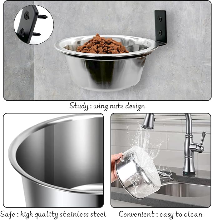 Hamiledyi 2 Pack Wall Mounted Elevated Dog Bowls - Adjustable Height Stainless Steel Raised Food & Water Bowls with Collapsible Stand for Medium & Large Dogs & Cats (M)