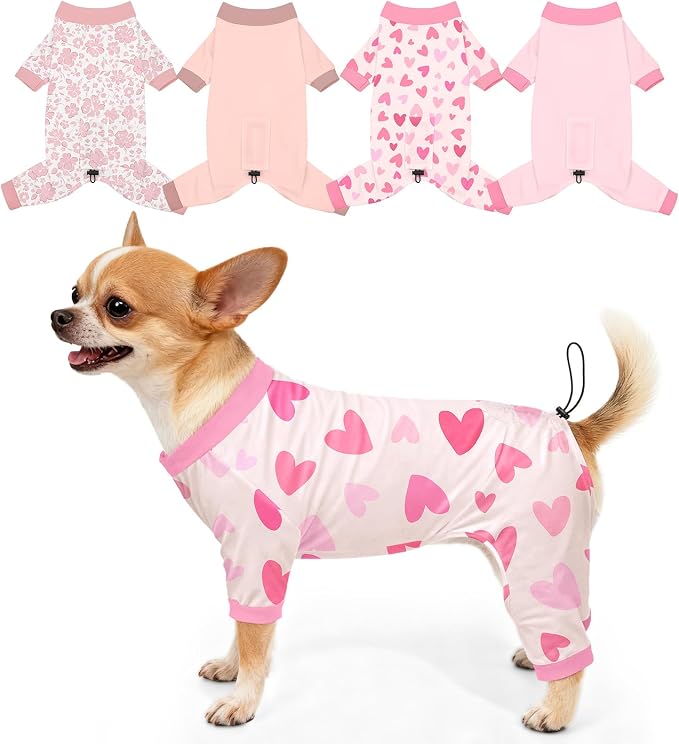 Bienbee Dog Pajamas, 4 Pack Adjustable Onesies for Small to Large Dogs XS | Dog Shedding Suit with Soft Fabric, Breathable & Stretchy, and Adjustable Back Length for Sleeping Lounging and Daily Use