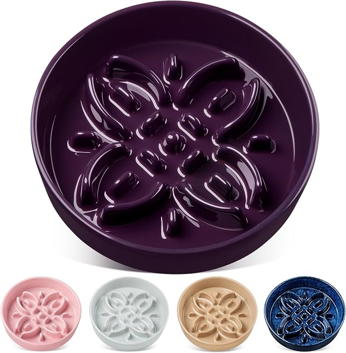 vancasso Ceramic Slow Feeder Dog Bowls, Puzzle Dog Food Bowls with Floral Maze, Anti -Slip Pet Food Dish for Large Breed, 3 Cups, Purple