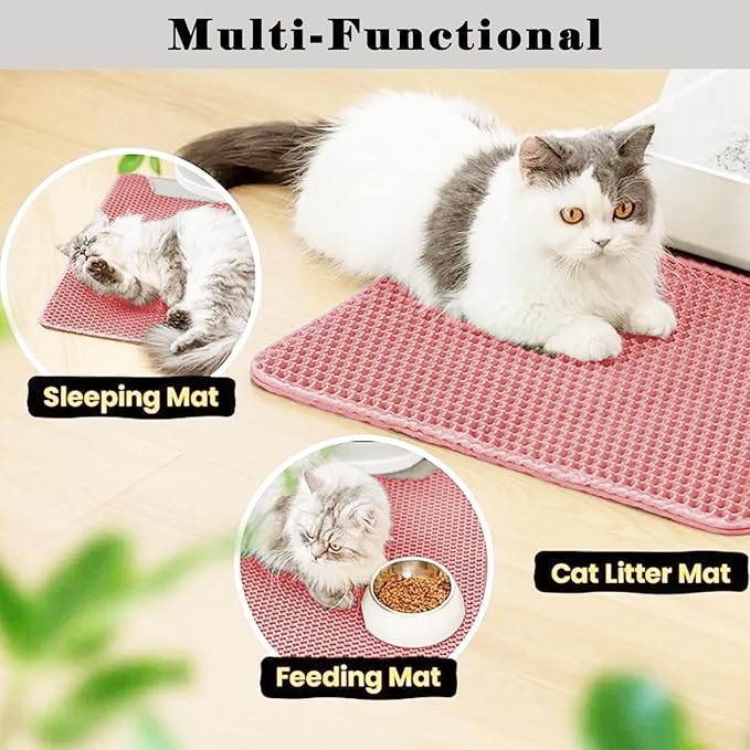 HCY&WLD Cat Litter Mat, Honeycomb Double Layer Litter Trapping Mat | Safe Materials, Soft on Paws, Waterproof Urine Proof Non-Slip, Protects Floors, Less Waste, Easy to Clean, Pink, 35" x 24"
