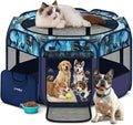 Pop Up Pet Playpen and Whelping Box, 48 x 48 x 24 in, Navy Blue | 48 x 48 x 24 in for pets up to 50 lb; waterproof 600D Oxford base, locking zippers, shade top, carry bag, and 16 oz bowl.