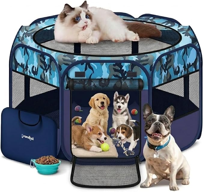 Pop Up Pet Playpen and Whelping Box, 48 x 48 x 24 in, Navy Blue | 48 x 48 x 24 in for pets up to 50 lb; waterproof 600D Oxford base, locking zippers, shade top, carry bag, and 16 oz bowl.