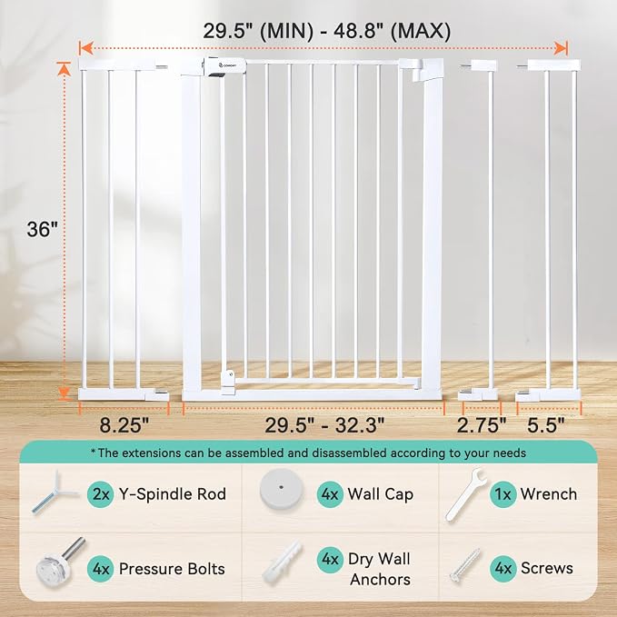 COMOMY 36" Extra Tall Baby Gate for Stairs, Fits 29.5" to 48.8" Openings | Auto Close Extra Wide Dog Gate for House, Pressure Mounted Easy Walk Through Pet Gate with Door, White
