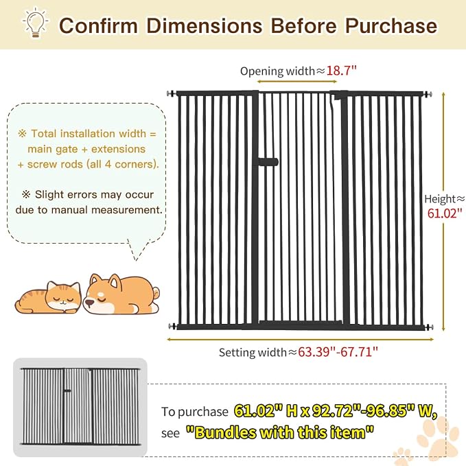 Lumizone Extra Tall Cat Gate 61.02" High 63.39"-67.71" Wide Pet Gate Black | Dog Gate for Doorway Hallway Stairs Pressure Mounted Extra Wide 1.37" Gap No Drilling Auto-Close One-Handed Operation