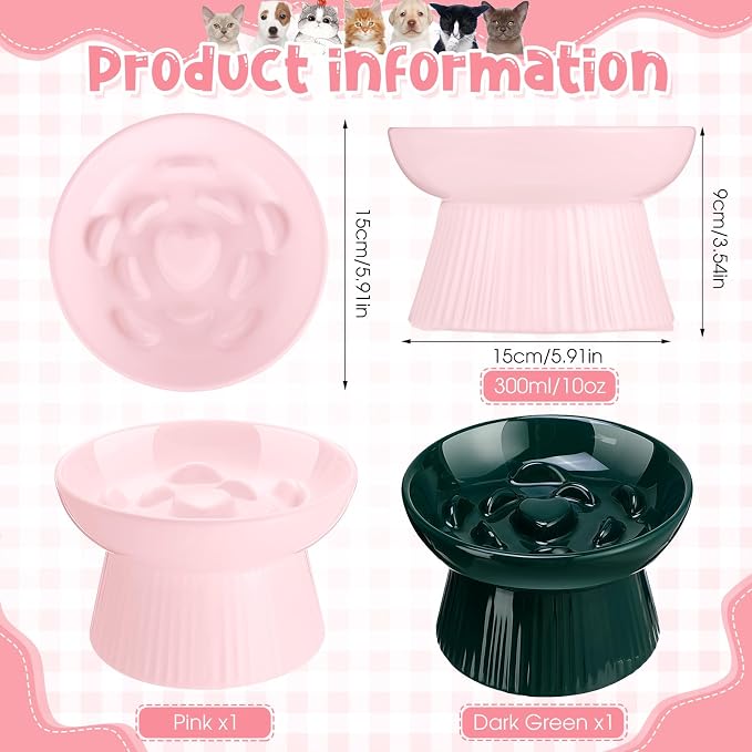 Tioncy 2 Pcs Ceramic Elevated Slow Feeder Cat Bowl, Raised Cat Slow Feeder Bowl, Anti Vomiting for Dry and Wet Food, No Spill High Edge Easy Clean Dishwasher Safe (Pink,Dark Green)