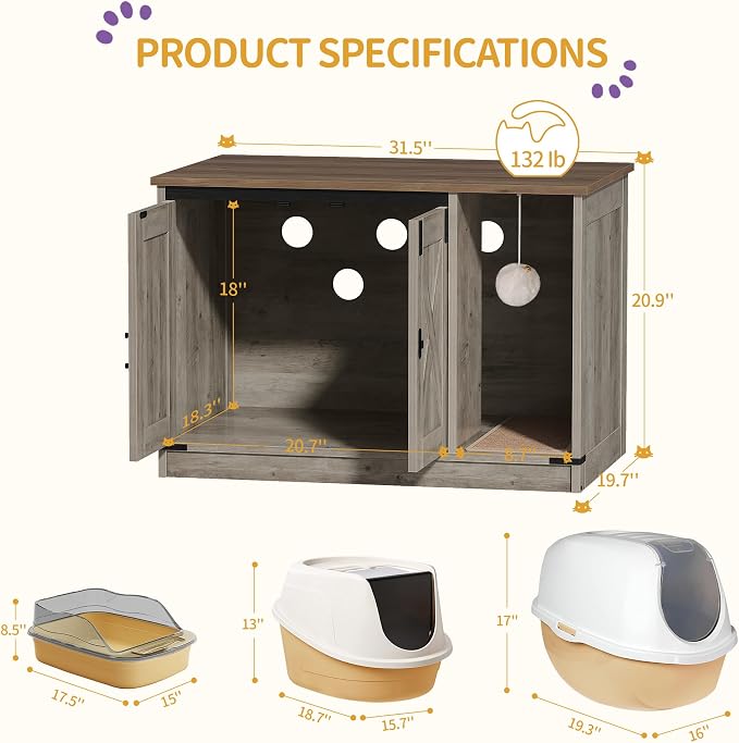 Hzuaneri Cat Litter Box Enclosure, Hidden Litter Box Cabinet Furniture | Indoor Cat House with Bell, Farmhouse Style, 31.5 x 19.7 x 20.9 Inches, for Hallway, Bedroom, Light Ivory and Brown CB82405X