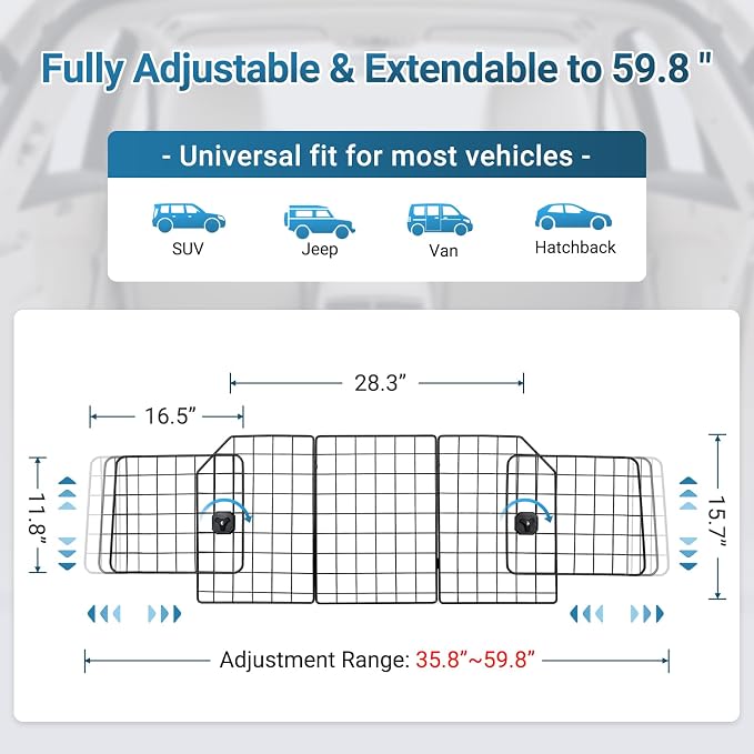 rabbitgoo Dog Car Barrier for SUV, Heavy-Duty Steel Wire Pet Gate, Foldable | Adjustable Universal-Fit Divider, Triple Folding for Cargo Area Vehicles Trucks Safety Travel