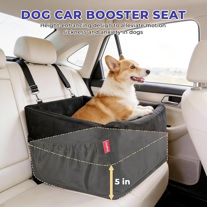 BurgeonNest Small Dog Car Booster Seat Bed Under 25 lbs (Black) | Fully detachable & washable travel bed with side storage pockets and clip-on safety leash for cozy, portable car trips.