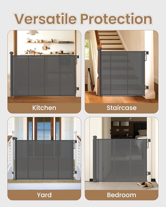 Retractable Gate Indoor, 71" Wide Reinforced Mesh Dog Gate | 34" Tall Retractable Mesh Baby Gate, One-Hand Use, Baseboard Fit, 6 Strong Rods, for Kitchen, Living Room & Playroom, Gray