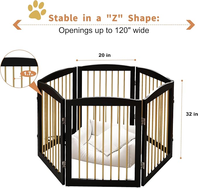 PUPETPO Freestanding Pet Gate for Dogs, Foldable Wooden Dog Gate for House, Extra Wide Indoor Pet Barrier for Stair, Doorway, Hall, Support Feet Included, 120 Inch Wide, 6 Panels 24",Black&Gold