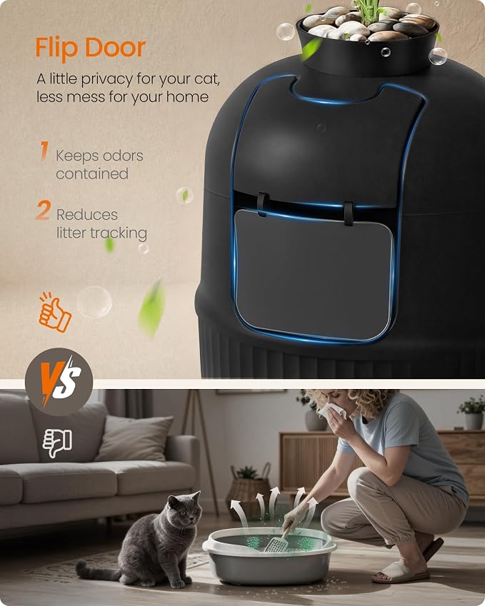 Feandrea Plant Cat Litter Box Enclosure with Artificial Plant, Enclosed Hidden Litter Box Furniture with Door, Carbon Filter, Odor Control, Pebbles, Scoop, Brush, Ink Black UPPT006B101