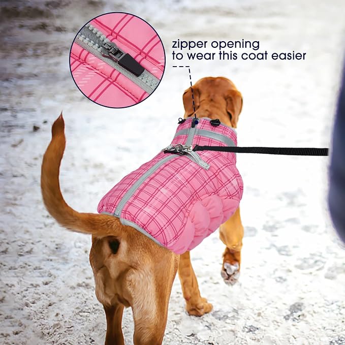 FUAMEY Dog Winter Coat Fleece Warm Small Dog Coat with Harness Built in | Dogs Cold Weather Fleece Coats Zip up Reflective Dog Winter Vest Windproof Water Resistant Snow Coats Rose Plaid XS