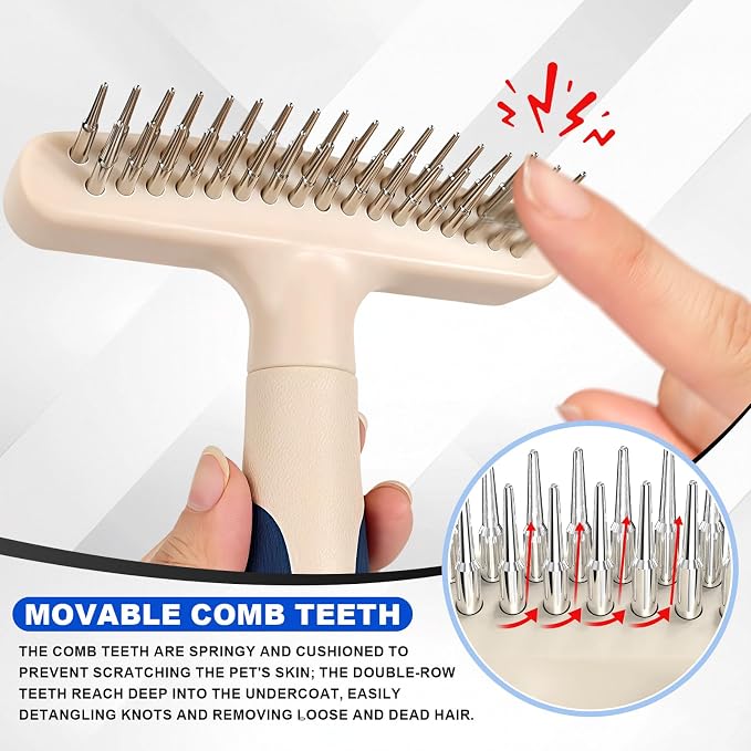 2-in-1 Pet Deshedding&Undercoat Rake Comb for Dogs and Cats | Double-Row Movable Metal Comb Teeth,Stainless Steel Deshedding Dog Brush,Pet Grooming Dematting Tool,Gentle Remove Loose Hair