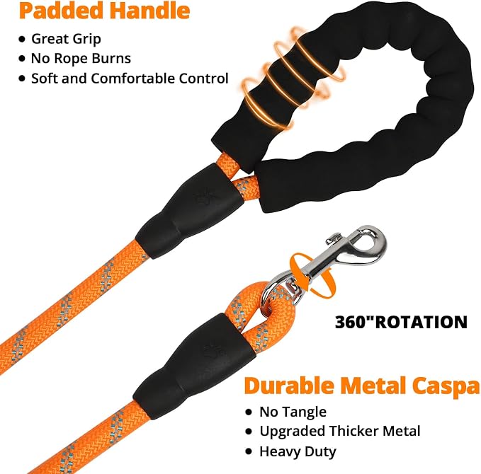 Rope Dog Leash 6 FT: Heavy Duty Leashes with Swivel Lockable Hook Reflective Threads Bungee and Padded Handle - Dog Lead for Large Small Medium Dogs Outside Walking Hiking Orange
