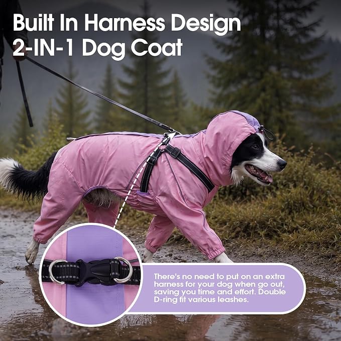 QBLEEV Dog Raincoat with Built-in Harness, Waterproof Rain Jacket, Pink, S | Waterproof & windproof | built-in harness | easy on and off with dual closure | reflective safety strips | detachable hood