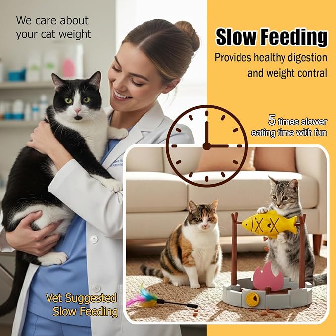 PetPals Cat Slow Feeder Treat Dispenser Interactive Cat Puzzle Fish Toy | Dry Food Dispensing Cat Toy for Small Pets & Kittens, Mental Stimulation Cat Feeding Toy Campfire Theme BBQ Fish Cat Toy