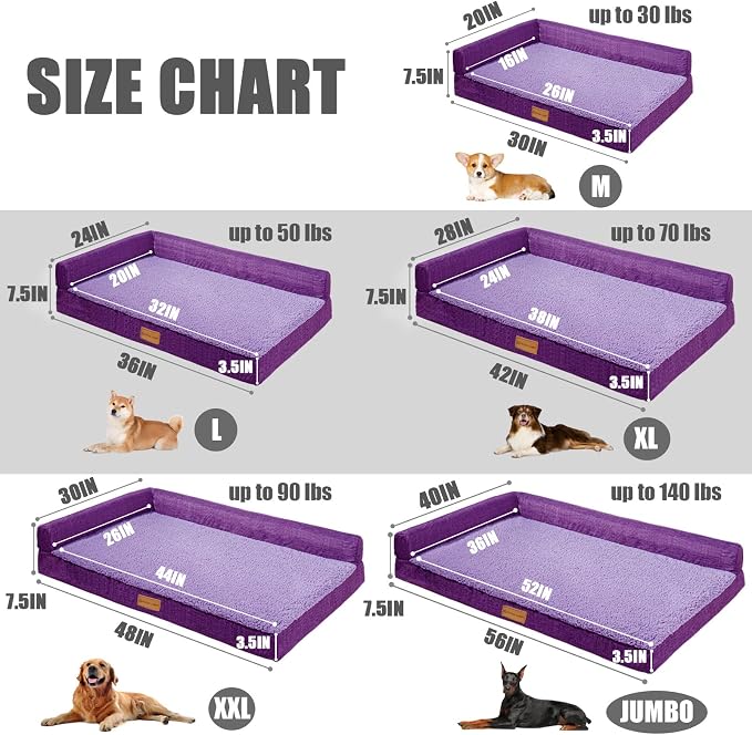 Patas Lague Orthopedic Large Dog Bed Pet Sofa Beds 36''X24'' Purple | L Bolster Egg-Crate Foam Dog Couch For Large Sized Dogs, Waterproof Removable Washable Cover, Pet Mat with Nonskid Bottom