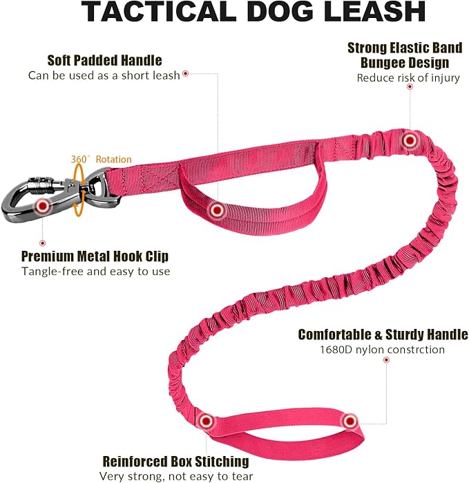 Tactical Dog Collar and Bungee Leash Set, Adjustable Military Training Nylon Dog Collar with Controll Handle and Heavy Metal Buckle，with USA American Flag, Patches and Airtags Case(Pink, L)