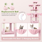 Globlazer Big Cat Tower for Indoor Cats, 68 inch Cat Tower for Multiple Adult Cats XL Cat Tree with Scratching Post, 3 Perches, 2 Condos, 2 Basket, Removable Pet Bed, F68B, Pink