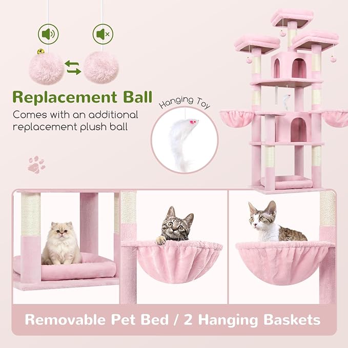 Globlazer Big Cat Tower for Indoor Cats, 68 inch Cat Tower for Multiple Adult Cats XL Cat Tree with Scratching Post, 3 Perches, 2 Condos, 2 Basket, Removable Pet Bed, F68B, Pink