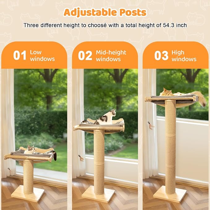 54" Tall Cat Scratching Post with Window Perch | Gray Fluffy Cushion, 3-Piece Thickened sisal Roman Columns, Drill-Free Suction Cup, Elevated Privacy Hammock, 60 LBS Capacity