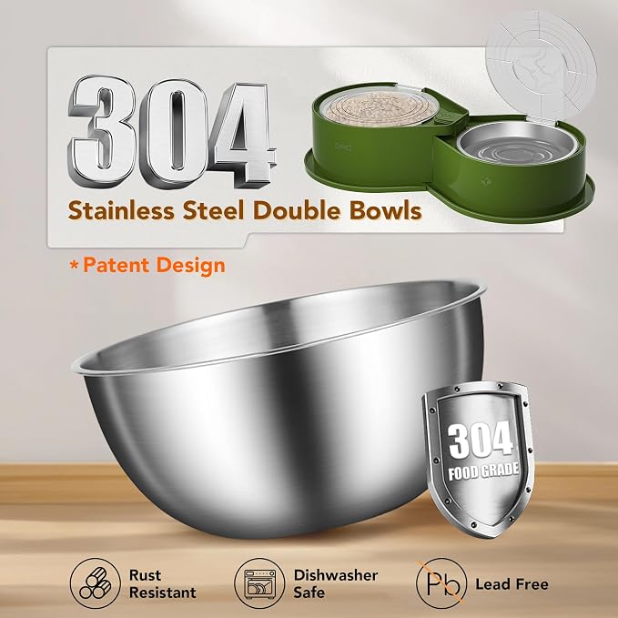 Newget 304 Stainless Steel Dog Bowl Set with Lids, 24oz Foldable Pet Dishes | Dual Food & Water Pet Bowl, Anti-Skid, Keeps Food Fresh, Easy to Install, for Small - Large Dogs/Cats - Indoor & Outdoor Use