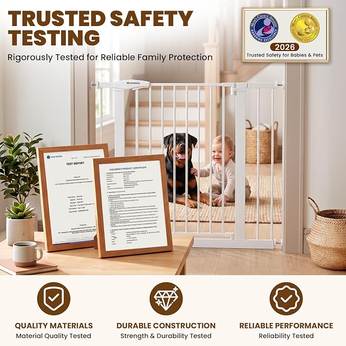 Mumeasy 36" Extra Tall Dog Gate,29.7"-40.5" Baby Gate for Stairs & Doorways | Pressure Mounted Toddler & Pet Safety Gate, Double Lock, Auto Close Walk Thru Door for Kitchen, House, Indoor, Outdoor, White