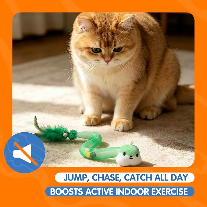 Cat Teaser Toys with Feathers and Bells, Flexible Tube 4-Pack | Four colorful teaser toys with feathers, bells, pom-poms, and flexible mesh tubes for chasing, batting, and pouncing