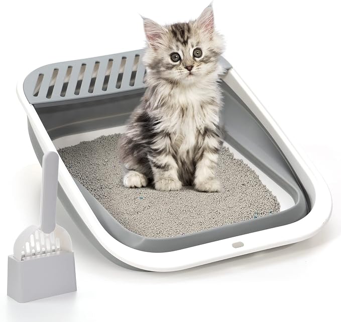 Foldable Cat Litter Box, Large Height-Adjustable Anti-Splash Open Air Kitty Litter Pan, Easy Clean with Scoop (Gray)