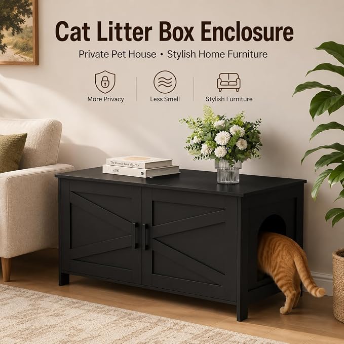 Homhedy 39.4" L Cat Litter Box Enclosure with Barn Door, Black | Wooden Cat Washroom Furniture, Cat House, Pet Storage Cabinet, Dog-Proof, Fit Most of Litter Box, Farmhouse Style