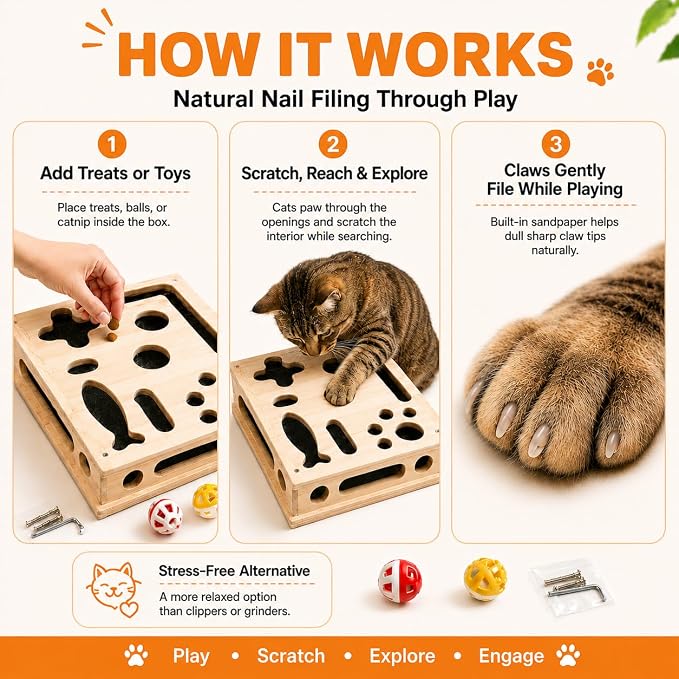 Cat Nail File Scratcher, Interactive Cat Scratch Puzzle Treat Box for Indoor Cats, Solid Wood Sandpaper Liner Claw Care Toy with 3 Balls & Feather, Stress-Free Alternative to Clippers & Grinders