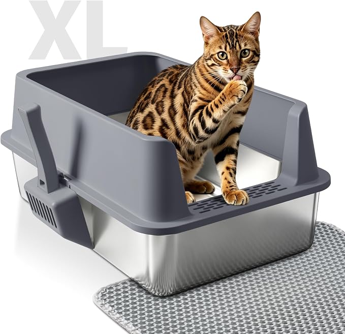Stainless Steel Litter Box with Lid,XL Extra Large Cat Litter Box | Large Litter Boxes for Big Cats,Metal Kitty Litter Boxes with Anti-Leakage, High Sides,Easy to Clean,Scoop & Mat Included