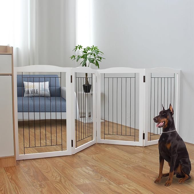 ZJSF Freestanding Foldable Dog Gate - Extra Wide White Puppy Gate for Stairs & Doorways - Tall 4 Panels Wooden Pet Fence