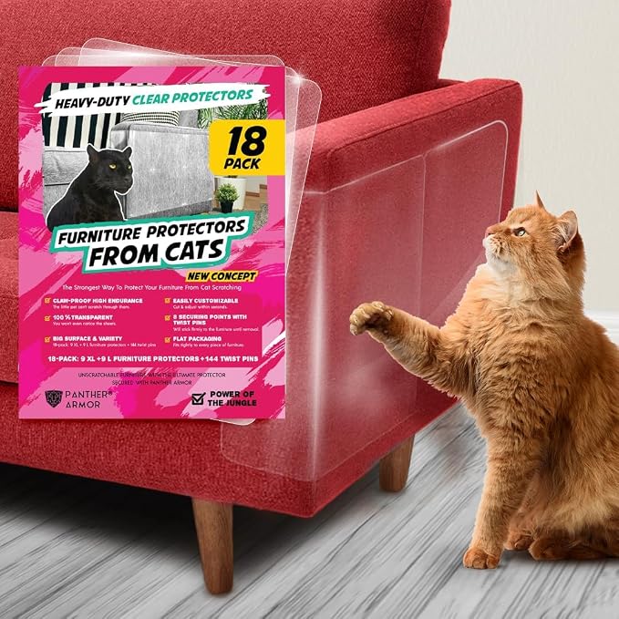 Panther Armor Cat Furniture Protector, 18 Clear Sheets with Twist Pins | Solid barrier shield, not a sticky deterrent. Couch protector from cat claws. 9 XL plus 9 large sheets, removable