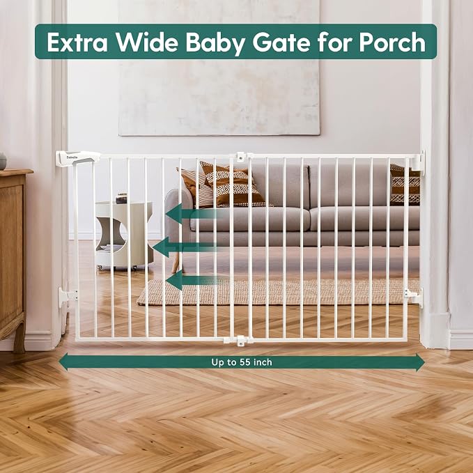 Babelio 31.5-55" No Bottom Bar Baby Gate Extra Wide, 2-in-1 Auto Close Dog Gate for The House, Stairs and Doorways, with Large Walk Thru Door, White | Easy Install| One-handed Opening| Auto-close| Drill Needed Indoor Safety Dog/Pet Gate for Stairs, Hal...
