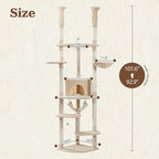 PETEPELA Floor to Ceiling Cat Tree, 92.9-101.6" Tall Cat Tower, Beige | Height-adjustable tension design with 5 sisal posts, cozy condo, spacious hammock, perches & anti-tip strap for indoor cats