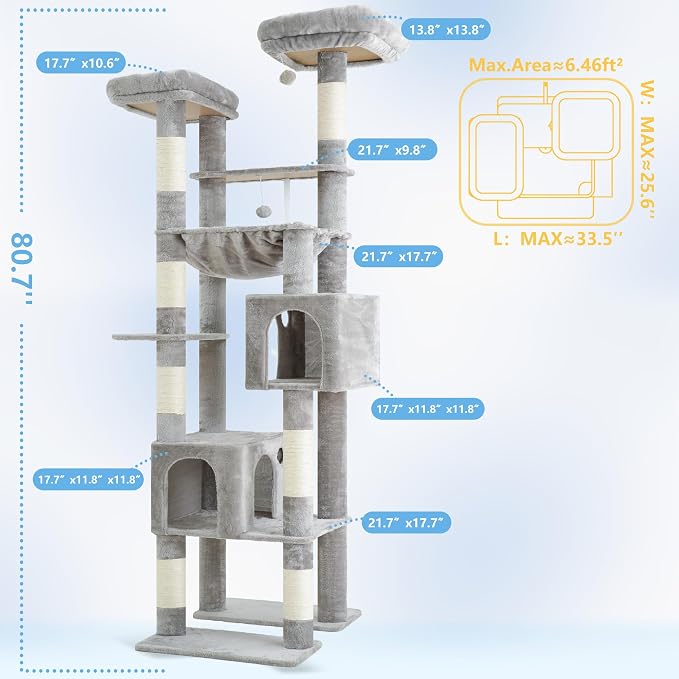 Hey-brother Cat Tree Tower with Multi-Level Duty Scratching Posts, 0MPJ039W | 80.7 Inches XL Cat Furniture with Large Platforms, Cozy Condos, Big Hammock, Toy Balls for Indoor Adult Cats, Light Gray