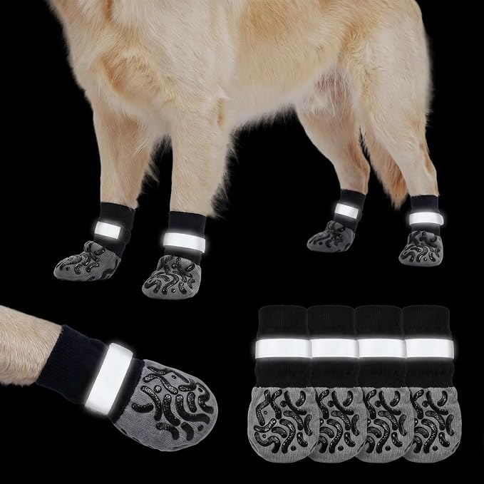 Anti Slip Dog Socks to Prevent Licking Paws Reflective Safety Dog Shoes for Hot Pavement Winter Dogs Boots & Paw Protectors with Grippers for Hardwood Floors Small Medium Large Dogs (Stripe, M)