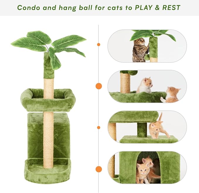 31.5inch Small Cat Tree Tower Condo for Indoor Cats, Soft Plush Multi-Level Climbing Tree Cat House with Cat Cave, Scratching Post, Sisal Rope, Green