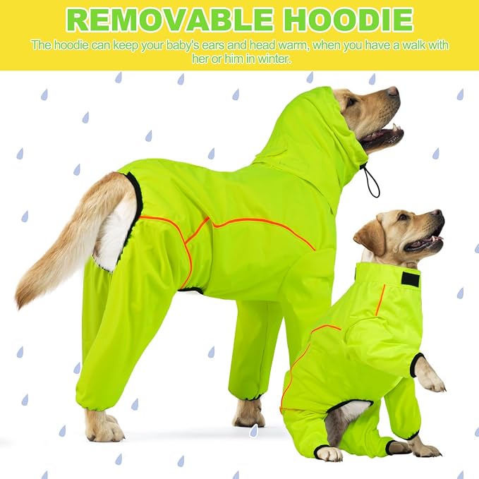 ADINIKIA Dog Raincoat, Waterproof Rain Jacket with Removable Hood,Green S | Leash Hole/ Reflective Stripe/Adjustable 4 Legs Rainsuit/Full Coverage/ Snowproof Windproof/ For Small to 3X-Large Dogs