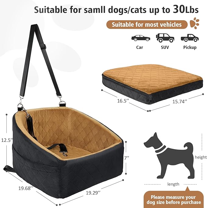 NEEZUKAR Dog Car Seat for Small Medium Dogs,Detachable Washable Dog Booster Seat Under 30lbs, Pet Car Seat Travel Bed with Storage Pockets and Dog Safety Belt(Black/Brown)